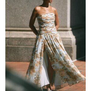 Anthropologie BHLDN Strapless Ruched Chiffon A Line Maxi Dress Garden Womens 2